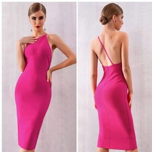 One Shoulder Bandage bodycon dress Spaghetti Strap event party dress pink M